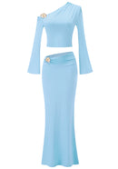 Janine Long Sleeve Bardot Two Piece Maxi Dress In Blue