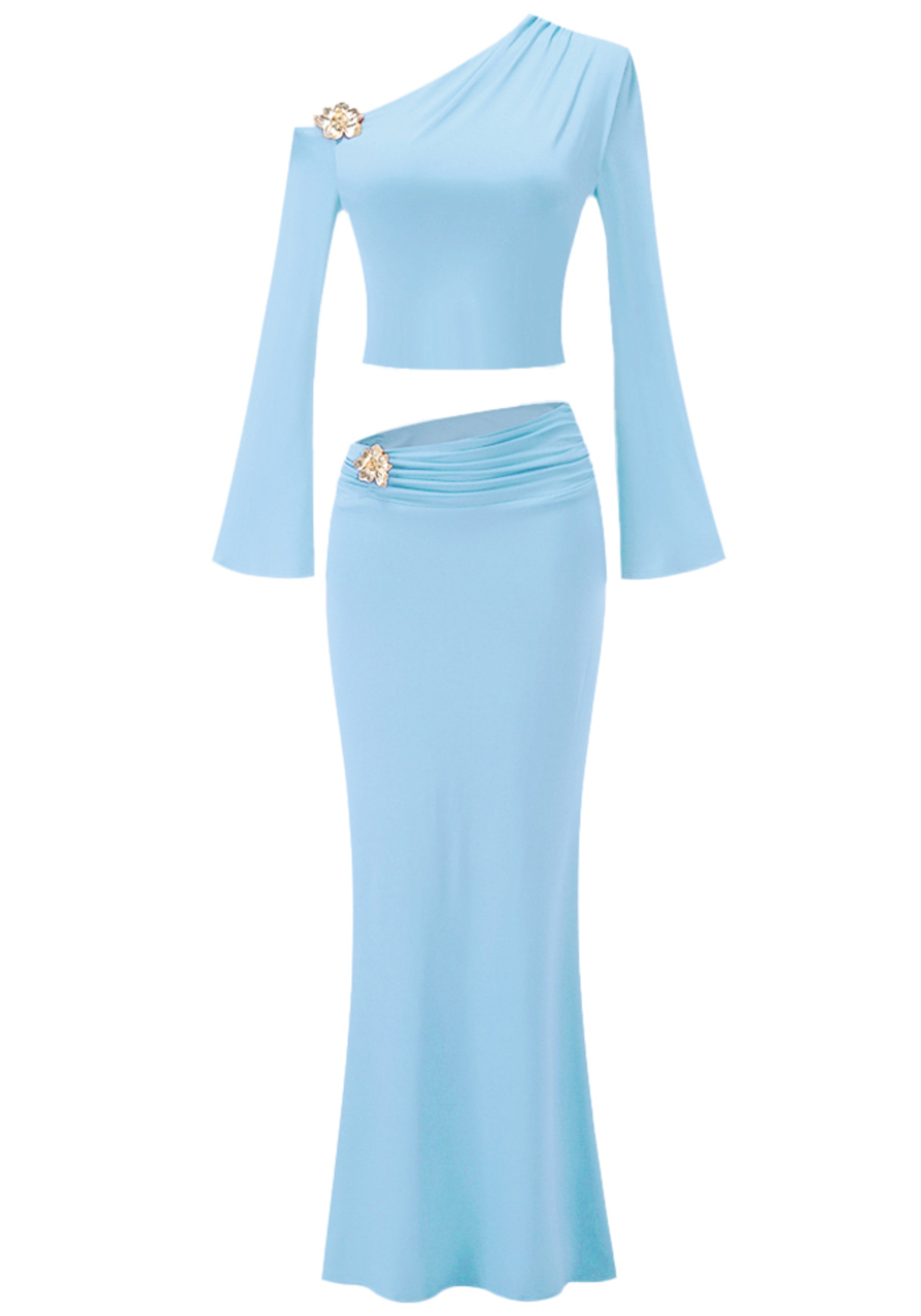 Janine Long Sleeve Bardot Two Piece Maxi Dress In Blue