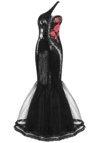 Kirstee One Shoulder Floral Sequin Mermaid Maxi Dress In Black