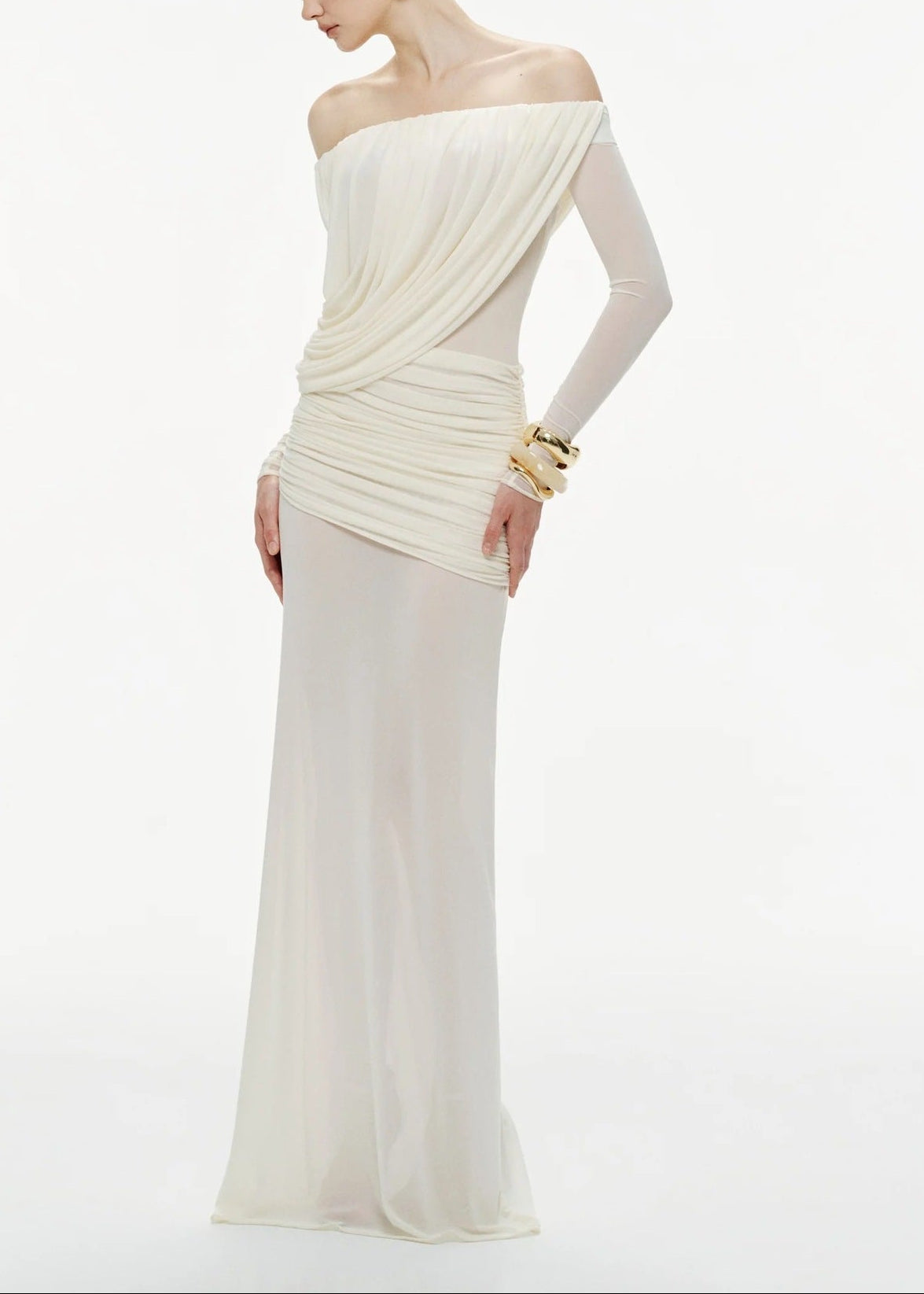 Cryxel Off-Shoulder Draped Mesh Maxi Dress In White