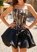 Poseidon Strapless Floral Lace Corset Puff Mini Dress In Black