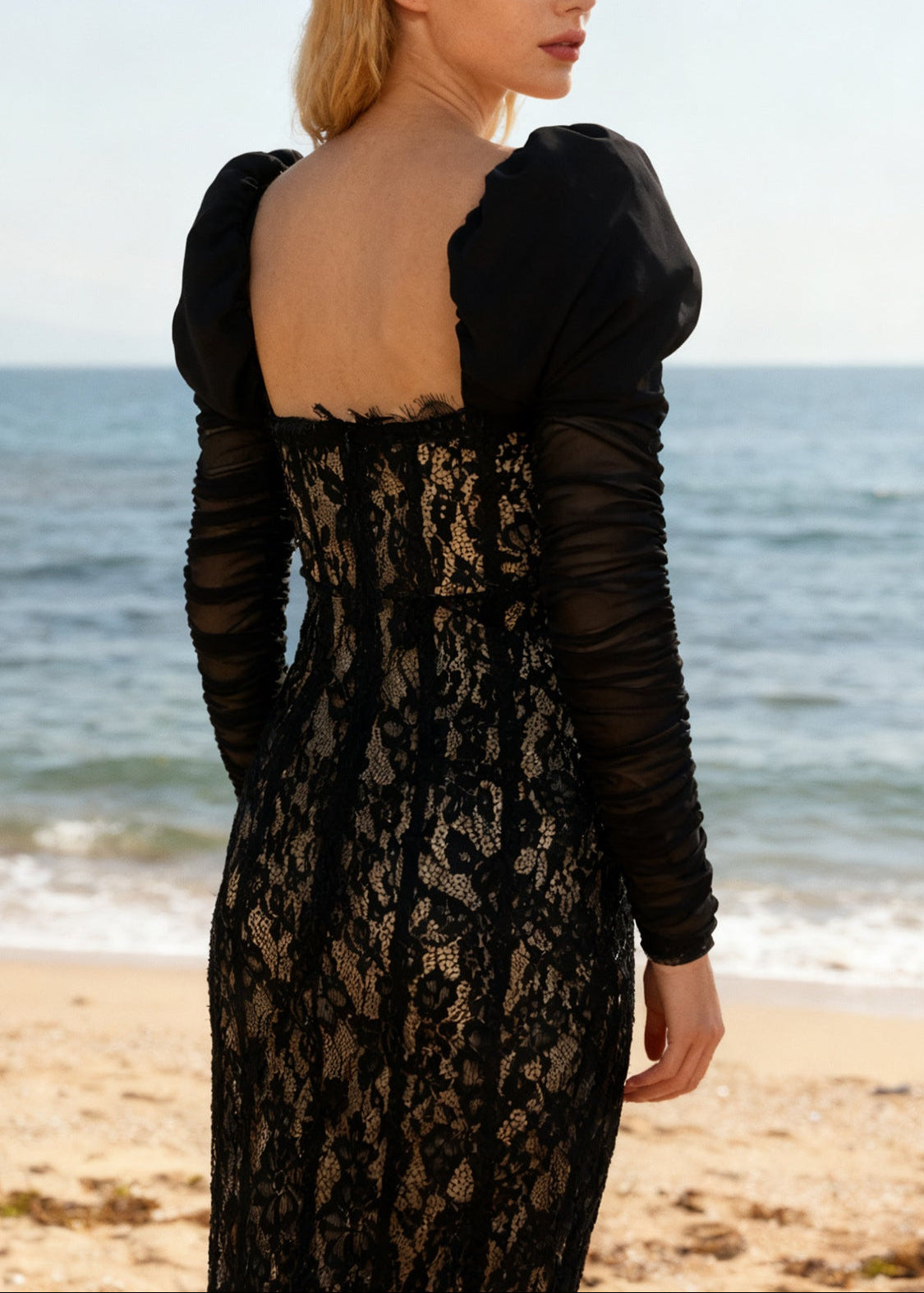 Farhad Puff Long Sleeve Lace Maxi Dress In Black