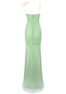 Jaslene Feather Detail Maxi Dress Green In Gold