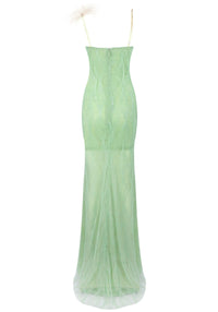 Jaslene Feather Detail Maxi Dress Green In Gold