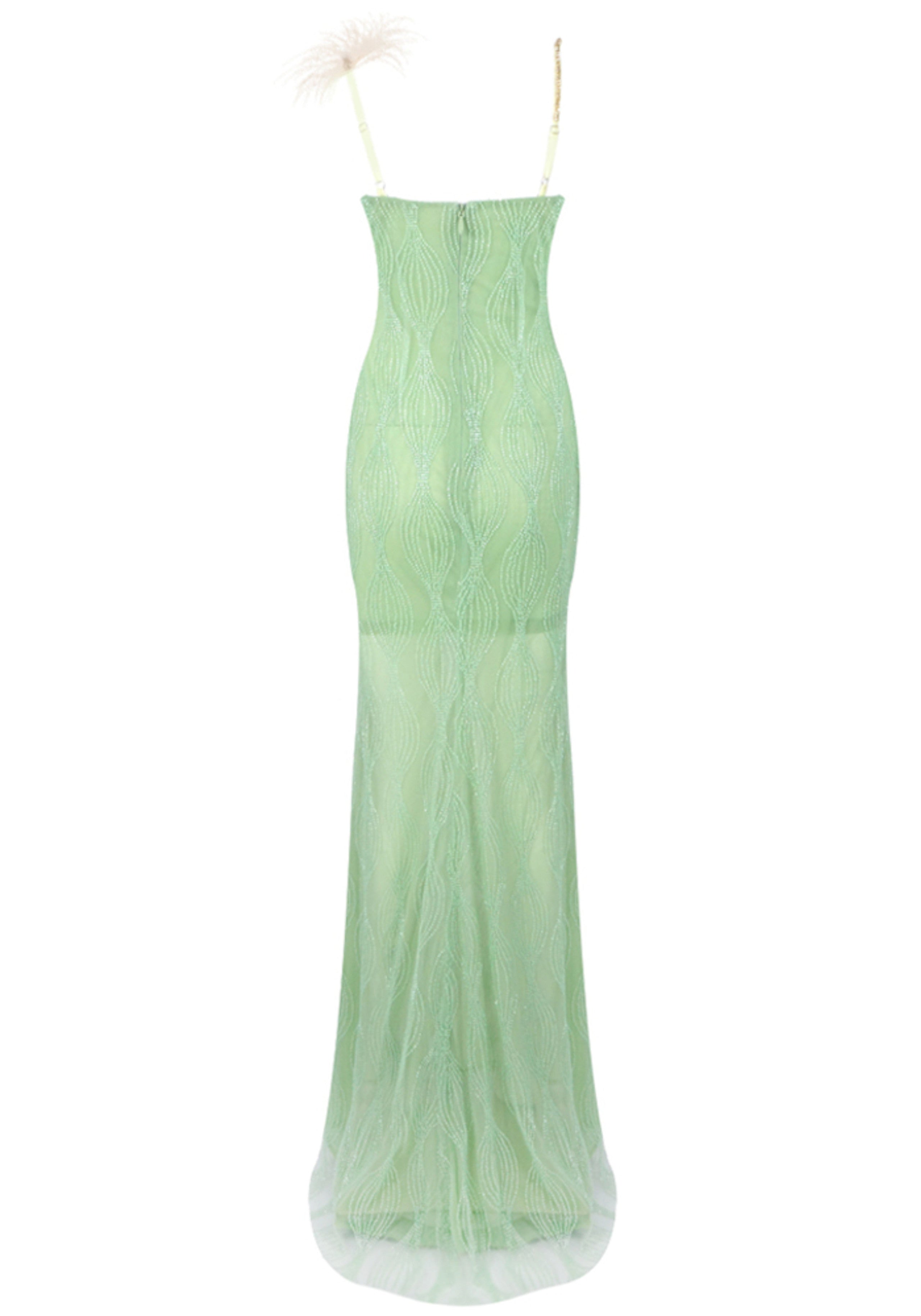 Jaslene Feather Detail Maxi Dress Green In Gold