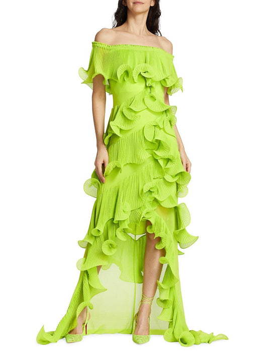 Gawain Green Off-Shoulder Pleated Organza Maxi Dress