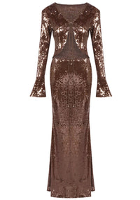 Damla Long Sleeve Sequin Two Piece Maxi Dress In Brown