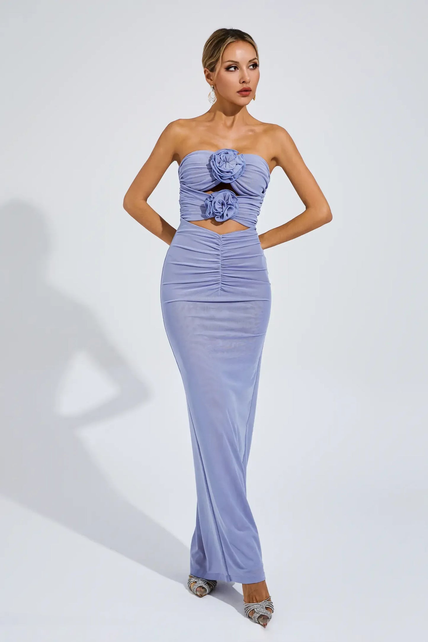 Caro Strapless Cutout Flower Maxi Dress In Blue