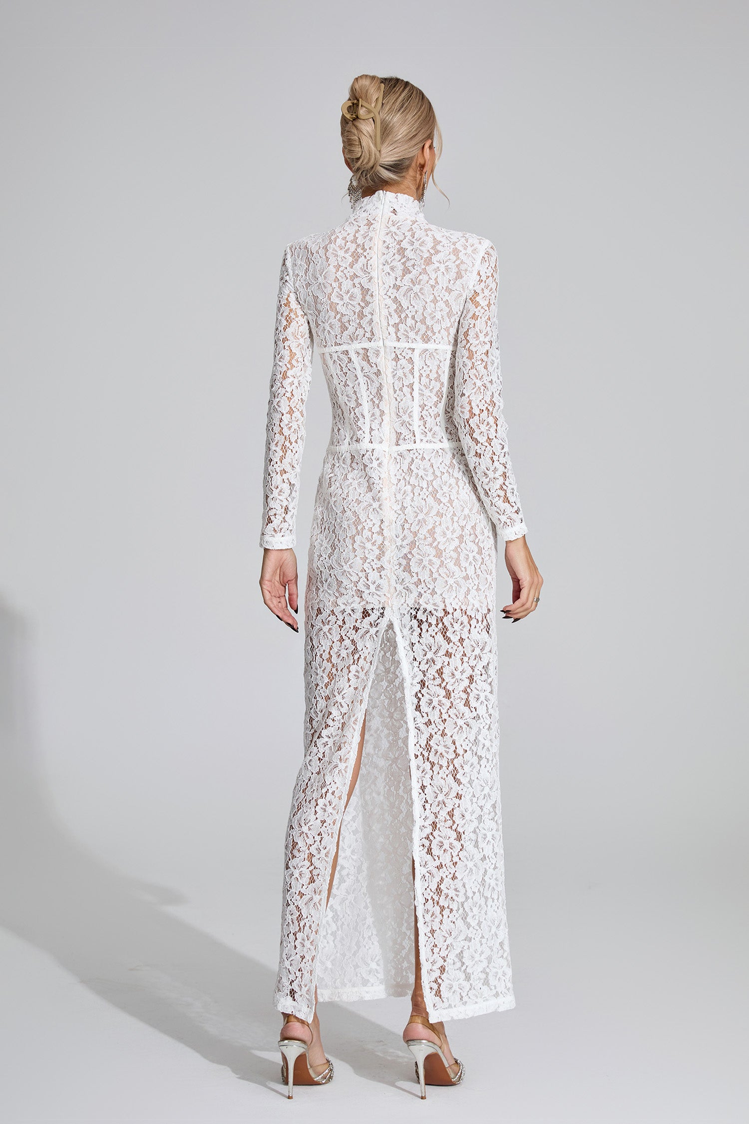Heyren Long Sleeve Structured Lace Maxi Dress In White