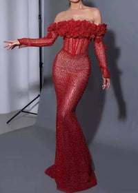 Panya Long Sleeve Floral Sequin Maxi Dress In Red