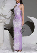 Alsatia Halter Pearl Sequin Embellished Maxi Dress In Lavender