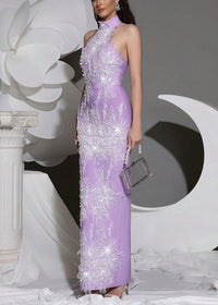 Alsatia Halter Pearl Sequin Embellished Maxi Dress In Lavender