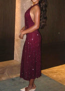 Baryx Halter Sparkly Midi Dress In Burgundy