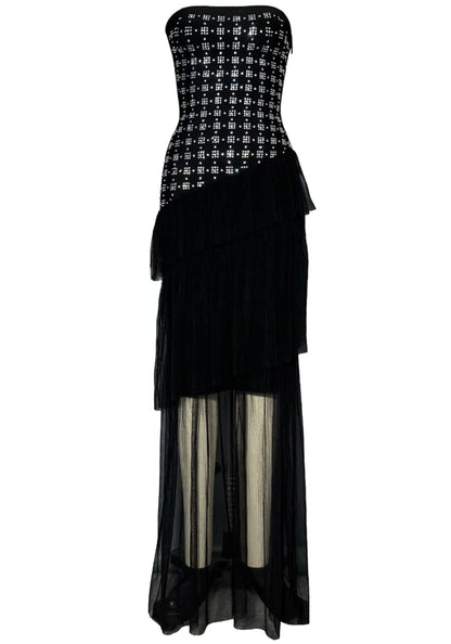 Syvanna Strapless Crystal Ruffle Maxi Dress In Black