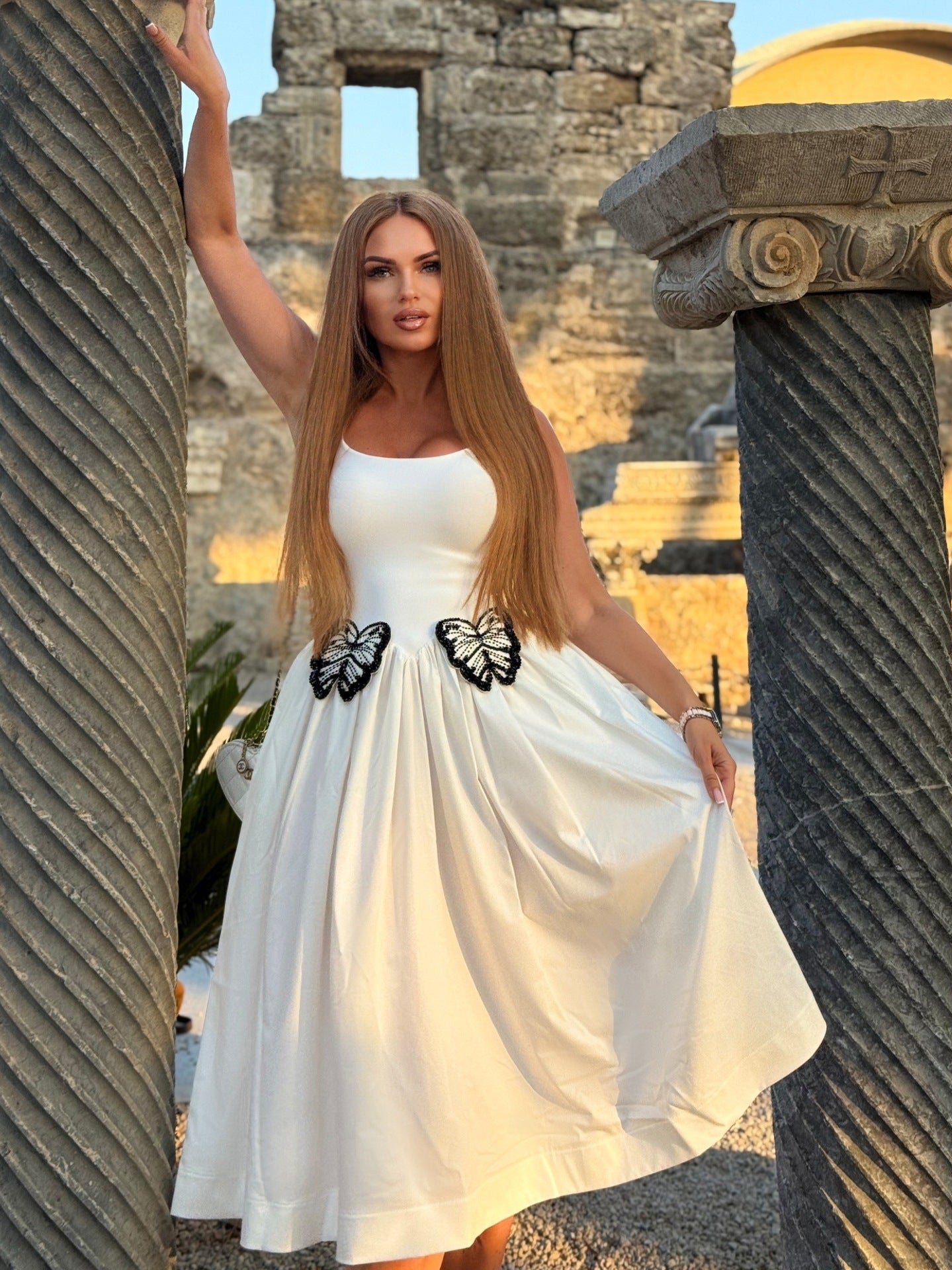 Uaelyvira Butterfly Detail A Line Midi Dress In White