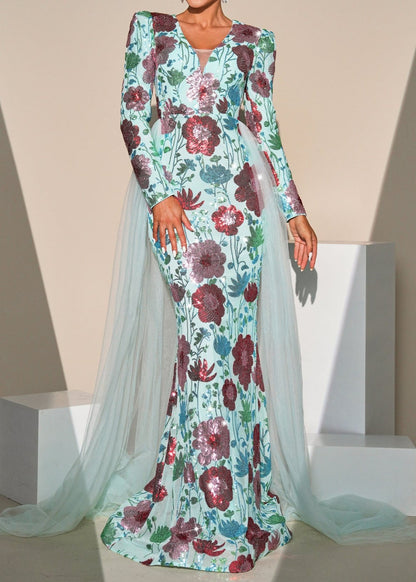 Kadience Long Sleeve Floral Print Sequin Maxi Dress In Green