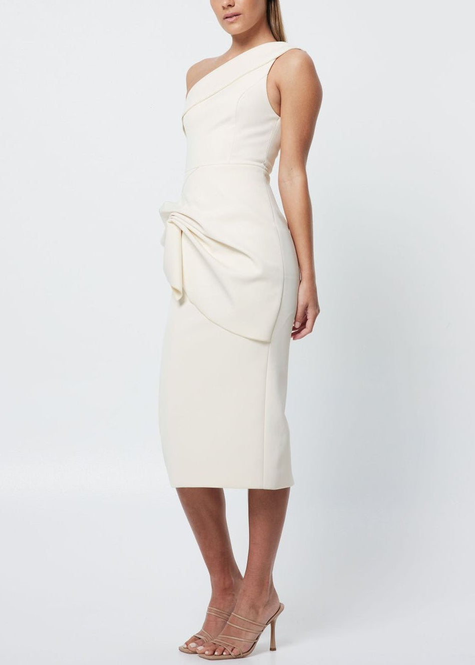Dracen One Shoulder Draped Midi Dress