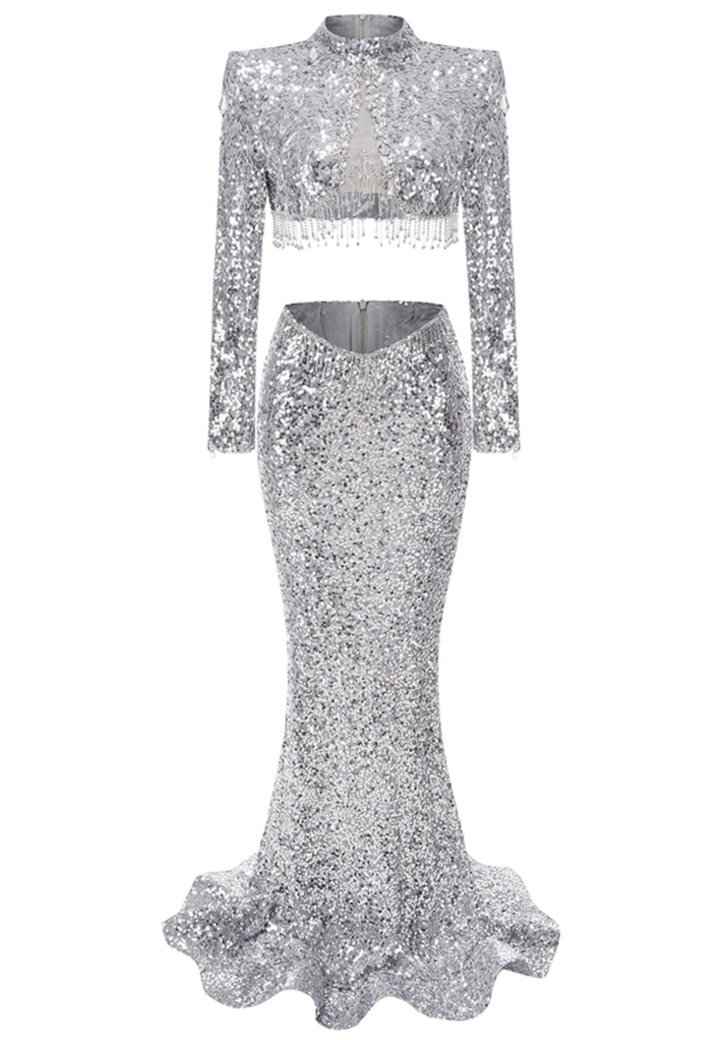 Ichirou Long Sleeve Crystal Sequin Two Piece Maxi Dress In Silver