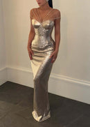 Sylvara Rhinestone Sequin Maxi Dress In Silver