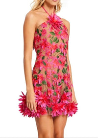 Raziya Halter Floral Embroidered Mini Dress In Hot Pink