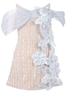Yryviel Floral Bardot Crystal Mini Dress In Nude