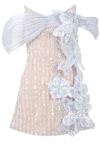 Yryviel Floral Bardot Crystal Mini Dress In Nude