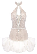 Delgado Halter Crystal Ruffle Mini Dress In White