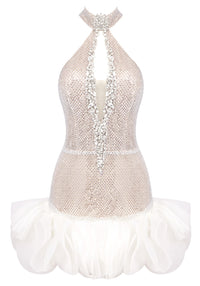 Delgado Halter Crystal Ruffle Mini Dress In White