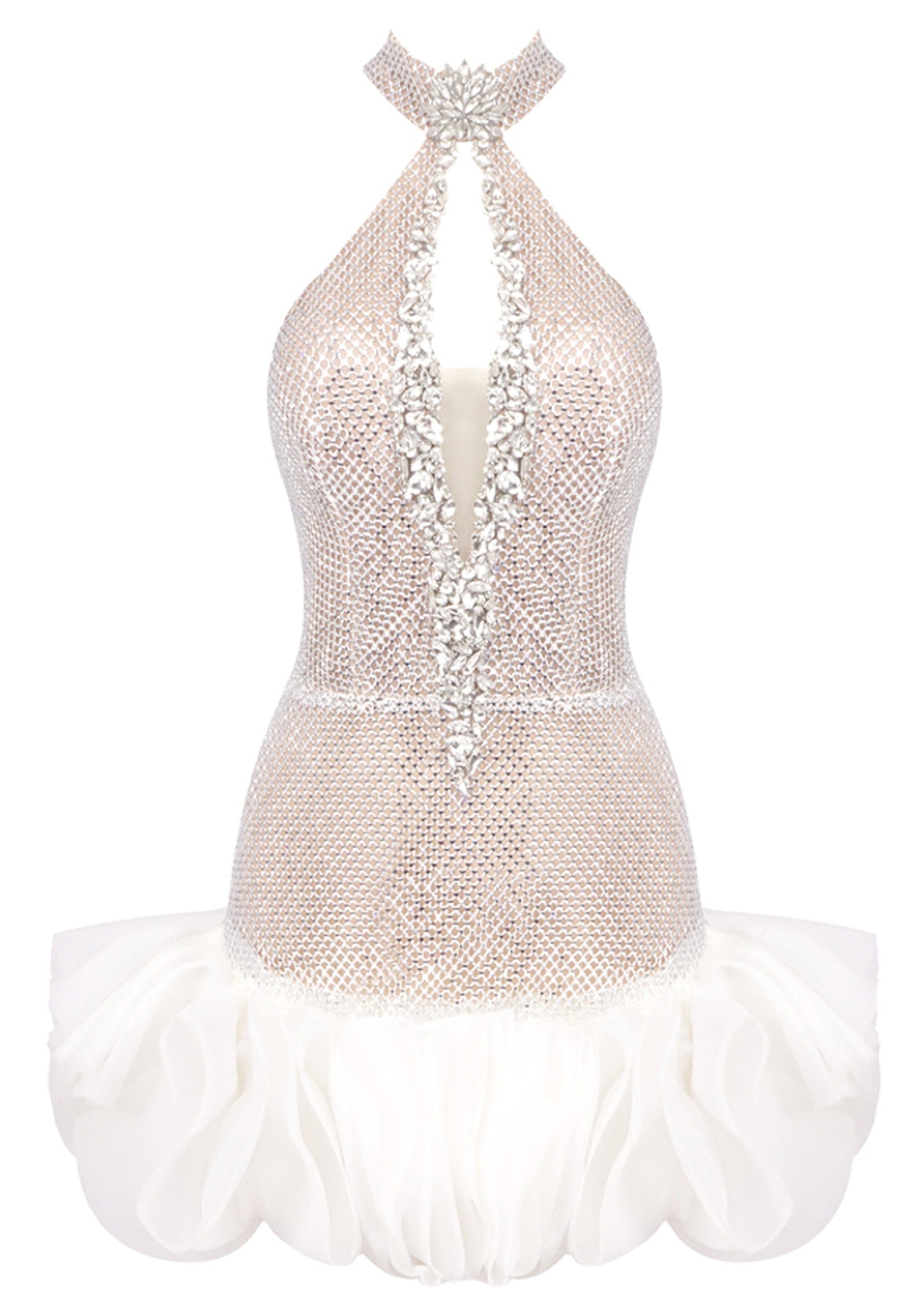 Delgado Halter Crystal Ruffle Mini Dress In White