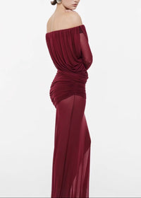 Cryxel Off-Shoulder Draped Mesh Maxi Dress In Wine Red
