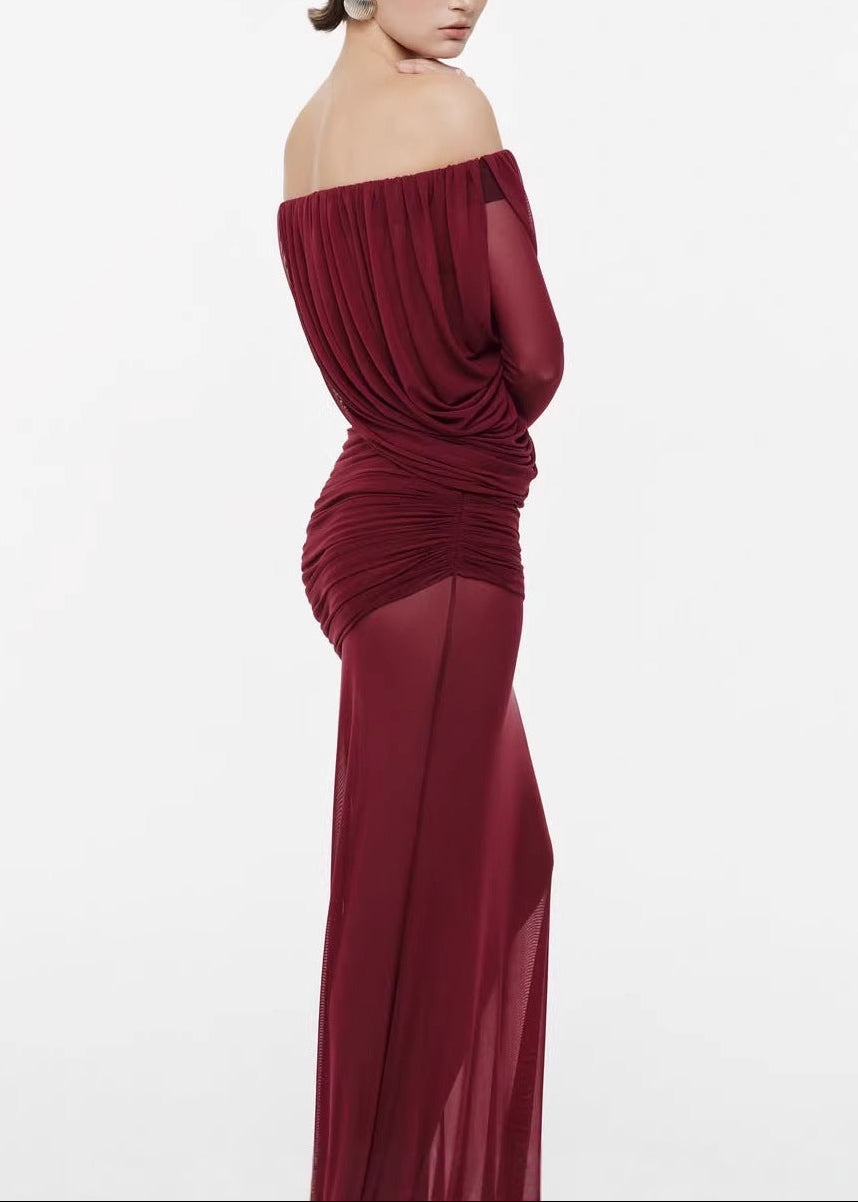 Cryxel Off-Shoulder Draped Mesh Maxi Dress In Wine Red