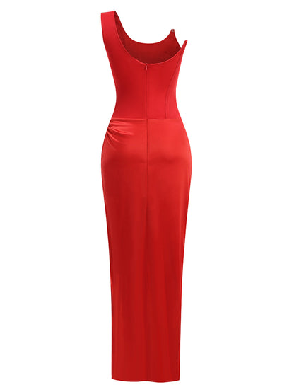 Ruairi One-Shoulder Crystal Detail High Slit Maxi Dress In Red