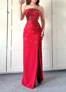 Razrik Strapless Crystal Embellished Maxi Dress In Red