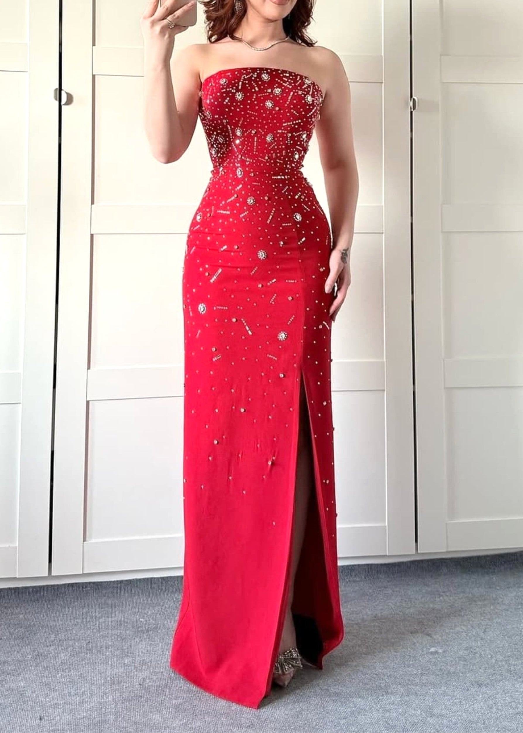 Razrik Strapless Crystal Embellished Maxi Dress In Red