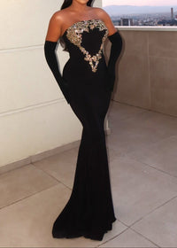 Roswitha Strapless Gold Applique Maxi Velvet Dress In Black