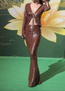 Damla Long Sleeve Sequin Two Piece Maxi Dress In Brown