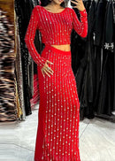 Relara Long Sleeve Crystal Maxi Two Piece Dress In Red