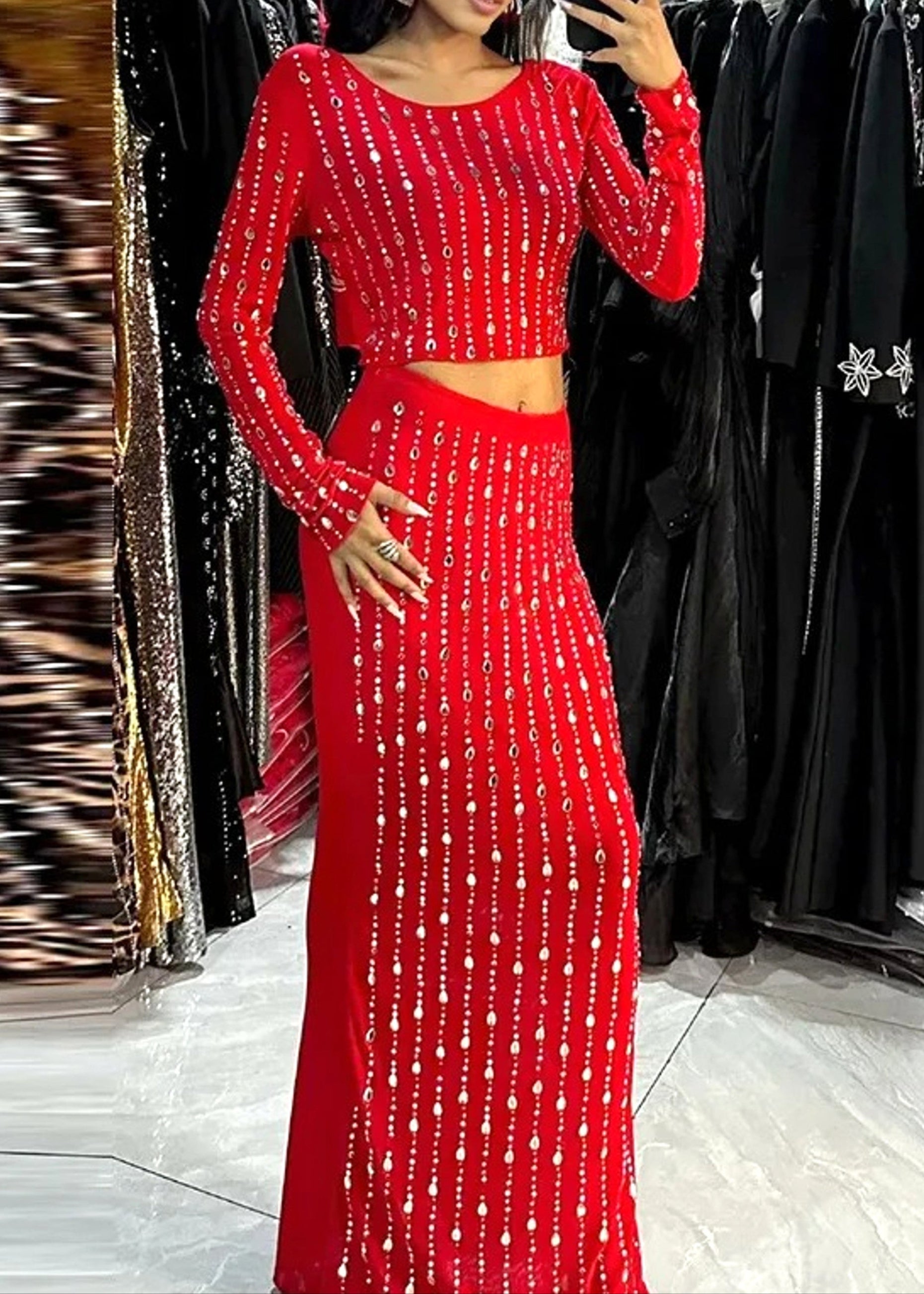 Relara Long Sleeve Crystal Maxi Two Piece Dress In Red