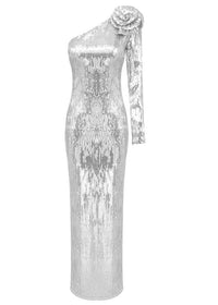 Terrica Floral-Appliqué Sequin Gown In Silver