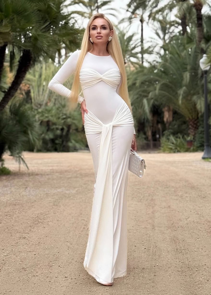 Simran Round Neck Ribbon Knot Maxi Dress In White