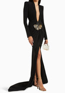Avalee Long Sleeve Plunge V Neck Crystal Maxi Dress In Black