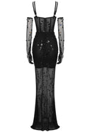 Jyrthos Crystal Sequin Bustier Maxi Dress In Black