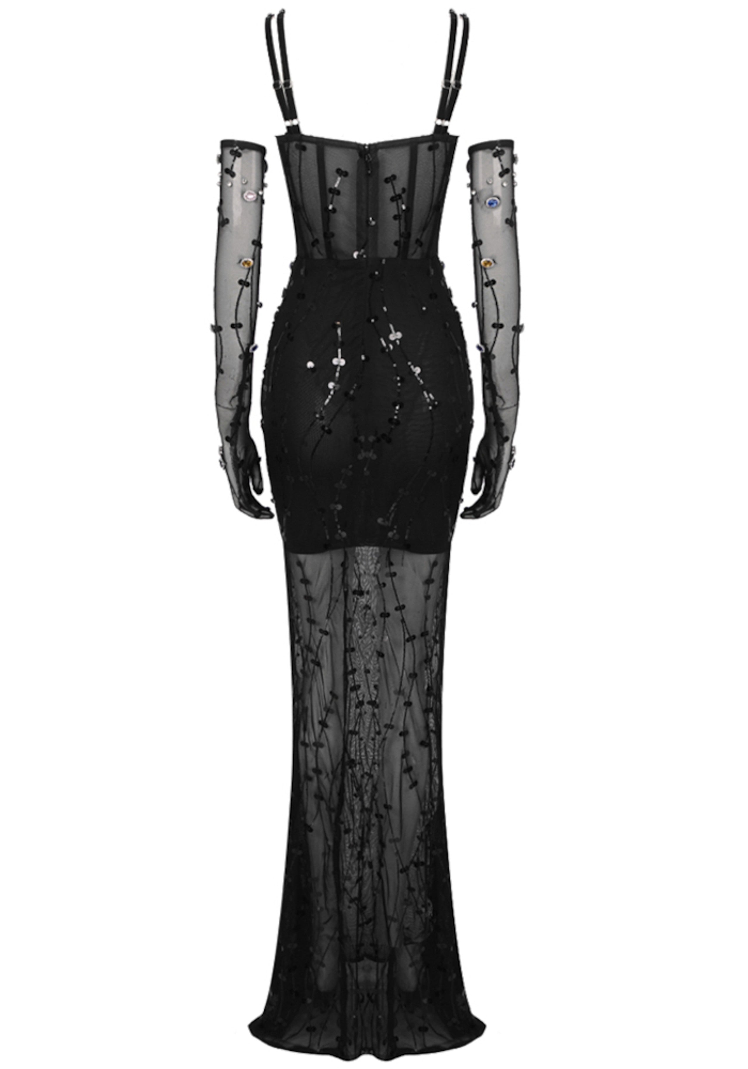 Jyrthos Crystal Sequin Bustier Maxi Dress In Black