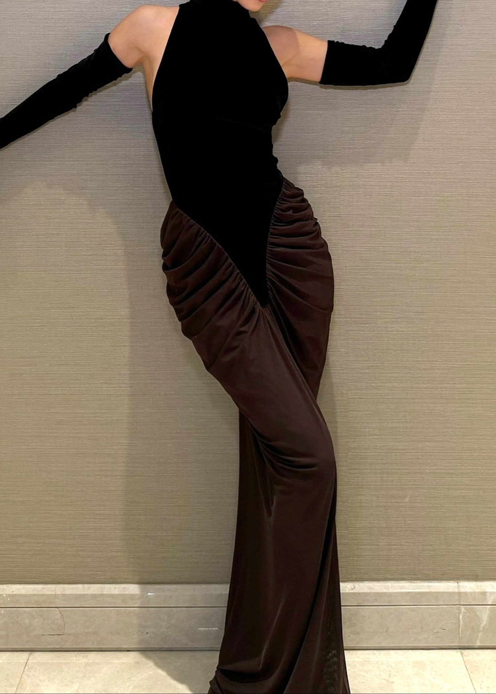 Aithley Halter Draped Maxi Velvet Dress In Black Brown