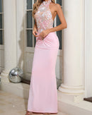 Kyxara Halter Floral Sequin Embroidered Maxi Dress In Pink
