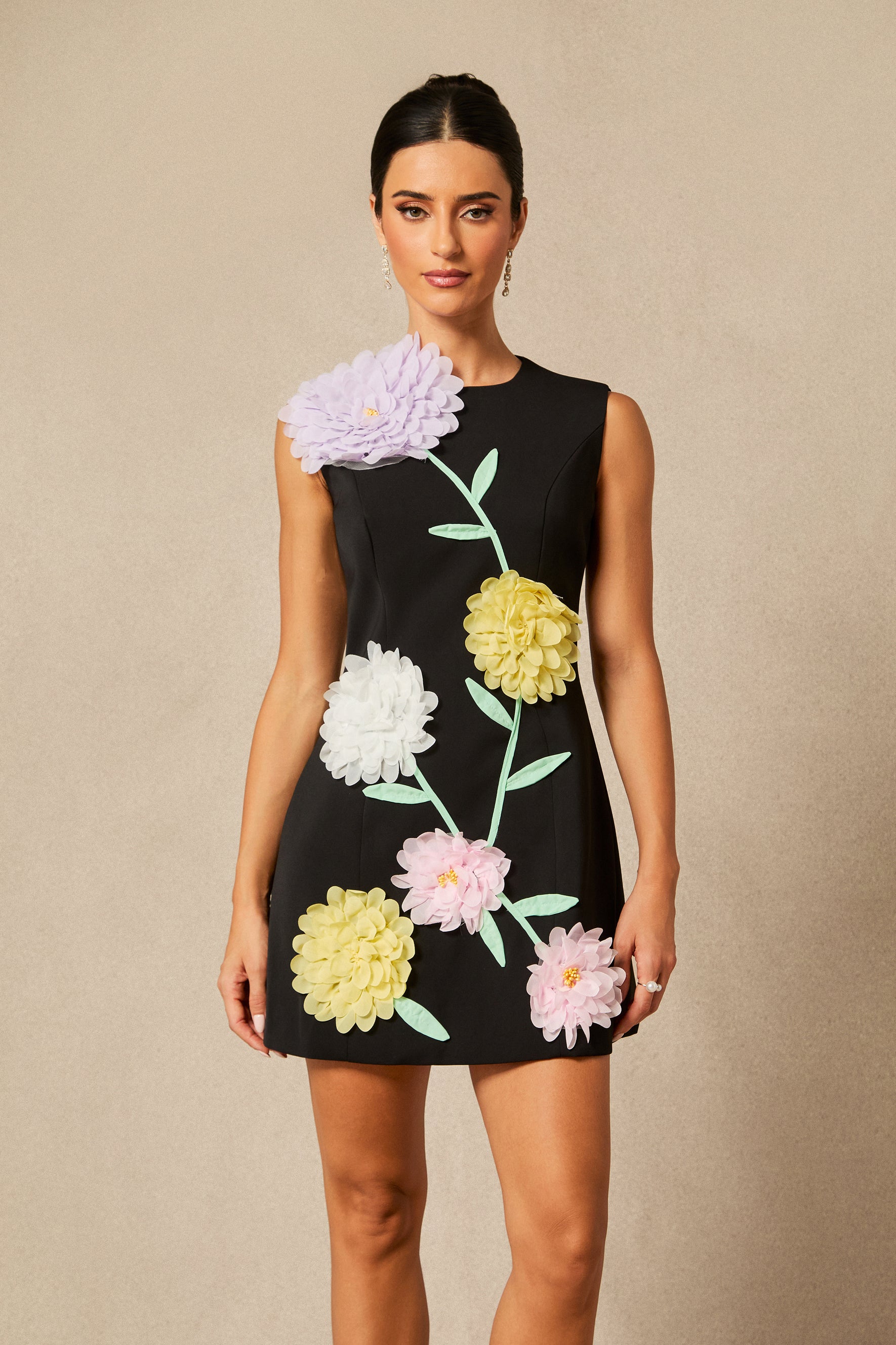 Cesca Floral Applique Sleeveless Mini Dress