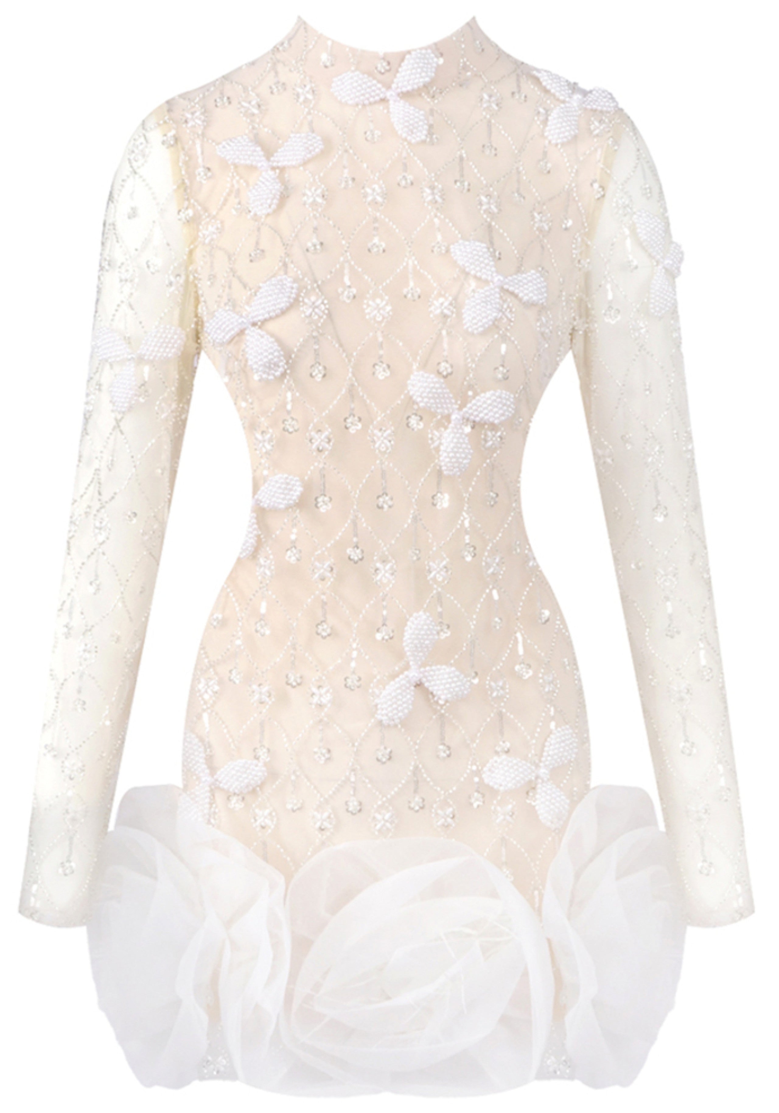 Perssis Long Sleeve Crystal Floral Detail Mini Dress In White