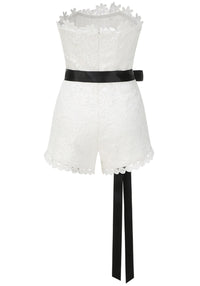 Leyati Strapless Floral Crochet Romper In White