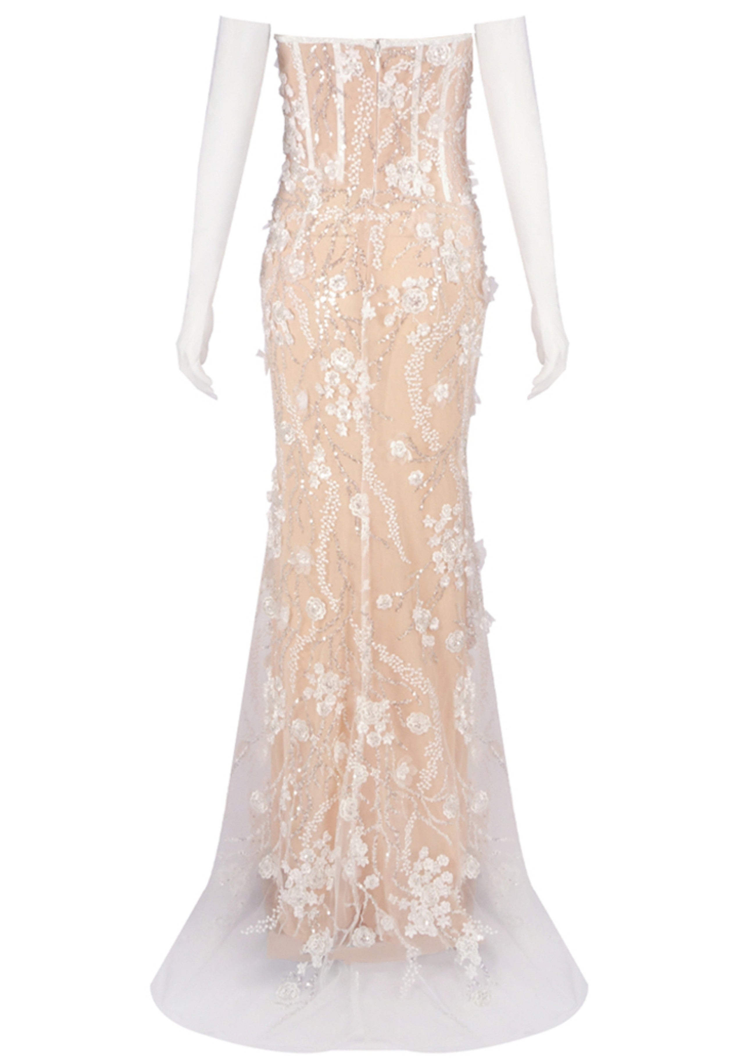 Reviancy Strapless Floral Lace Sequin Maxi Dress In White