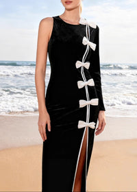 Fareeha One Sleeve Bow Detail Maxi Velvet Dress In Black White